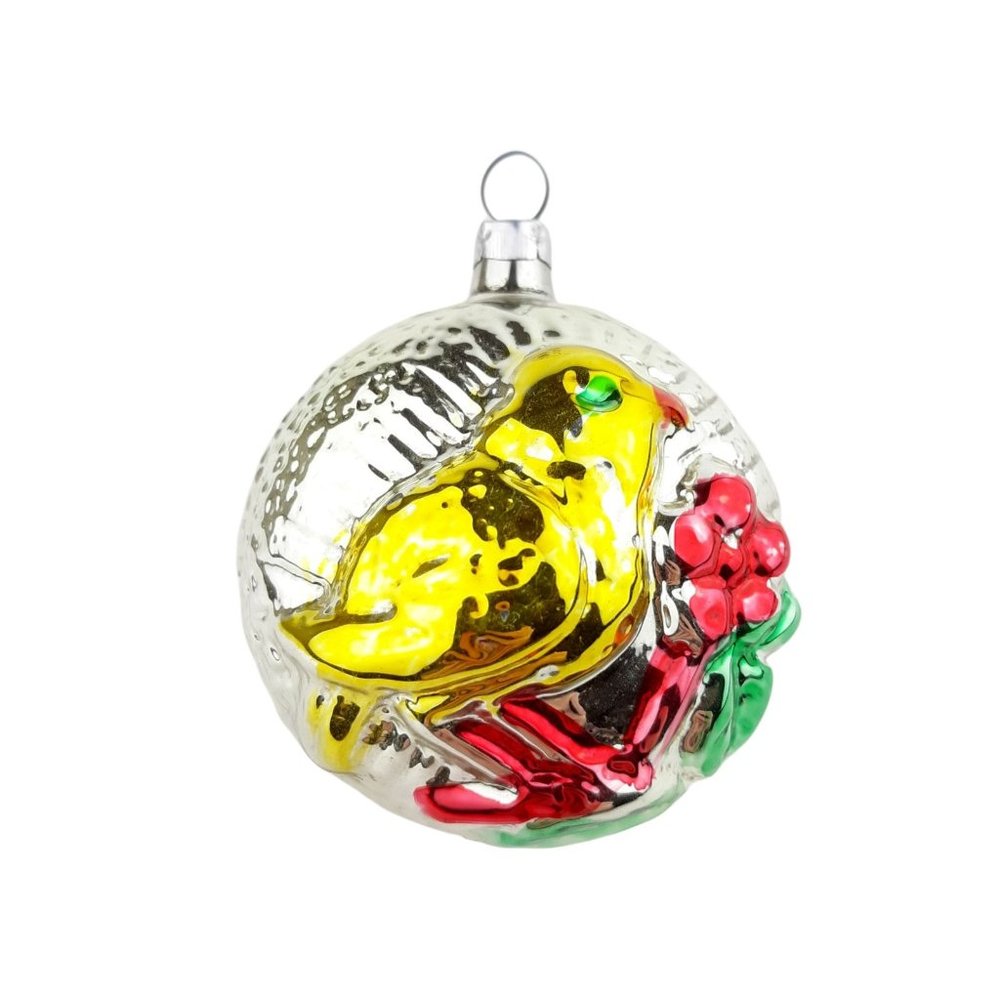 Vintage Blown Glass Christmas Ball Bird Ornament Dimpled Star Indent W Germany
